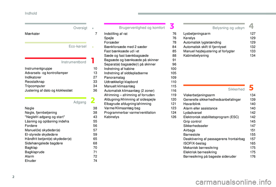 CITROEN JUMPER SPACETOURER 2018  InstruktionsbØger (in Danish) 2
.
.
Instrumentgruppe 10
Advarsels- og kontrollamper 1 3
Indikatorer
 

27
Reostatknap
 

33
Tripcomputer
 3

4
Justering af dato og klokkeslæt 
 
3
 6
Nøgle
 3

8
Nøgle, fjernbetjening
 3

8
"