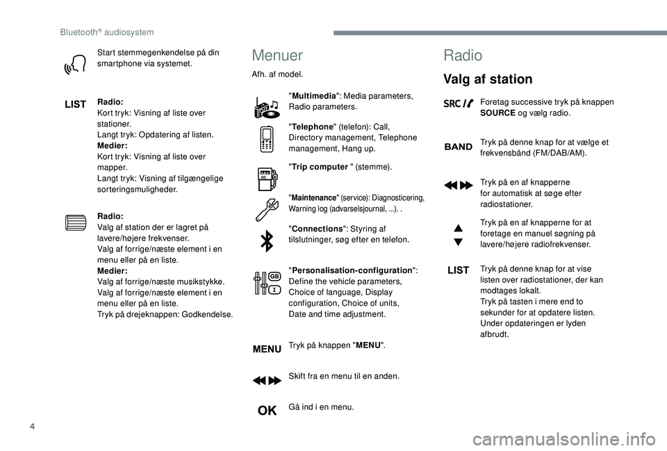 CITROEN JUMPER SPACETOURER 2018 InstruktionsbØger (in Danish) 4
Start stemmegenkendelse på din
smartphone via systemet.
Radio:
Kort tryk: Visning af liste over
stationer.
Langt tryk: Opdatering af listen.
Medier:
Kort tryk: Visning af liste over
mapper.
Lang CITROEN JUMPER SPACETOURER 2018 InstruktionsbØger (in Danish) 4
Start stemmegenkendelse på din
smartphone via systemet.
Radio:
Kort tryk: Visning af liste over
stationer.
Langt tryk: Opdatering af listen.
Medier:
Kort tryk: Visning af liste over
mapper.
Lang