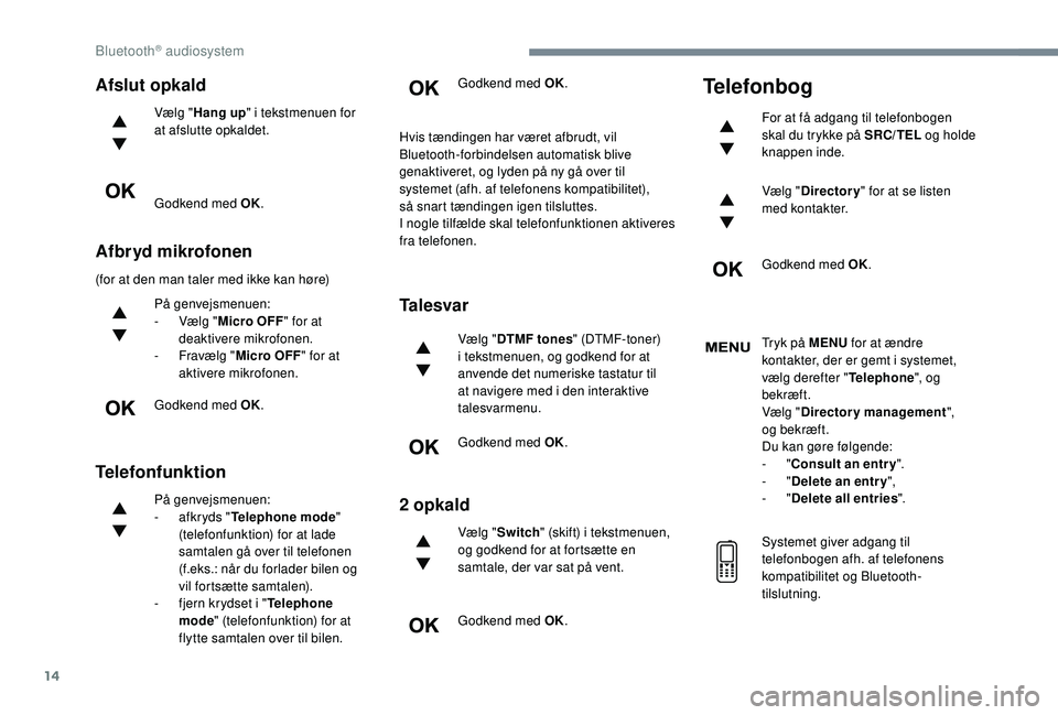 CITROEN JUMPER SPACETOURER 2018 InstruktionsbØger (in Danish) 14
Afslut opkald
Vælg "Hang up " i tekstmenuen for
at afslutte opkaldet.
Godkend med OK.
Afbryd mikrofonen
(for at den man taler med ikke kan høre)
På genvejsmenuen:
-
V
ælg "Micro CITROEN JUMPER SPACETOURER 2018 InstruktionsbØger (in Danish) 14
Afslut opkald
Vælg "Hang up " i tekstmenuen for
at afslutte opkaldet.
Godkend med OK.
Afbryd mikrofonen
(for at den man taler med ikke kan høre)
På genvejsmenuen:
-
V
ælg "Micro