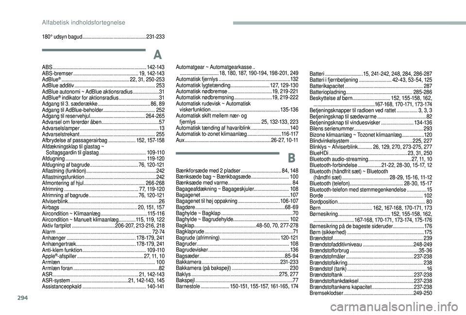 CITROEN JUMPER SPACETOURER 2018 InstruktionsbØger (in Danish) 294
180° udsyn bagud .................................................23 1-233
A
ABS ........................................................................\
14 2-143
ABS-bremser ................... CITROEN JUMPER SPACETOURER 2018 InstruktionsbØger (in Danish) 294
180° udsyn bagud .................................................23 1-233
A
ABS ........................................................................\
14 2-143
ABS-bremser ...................