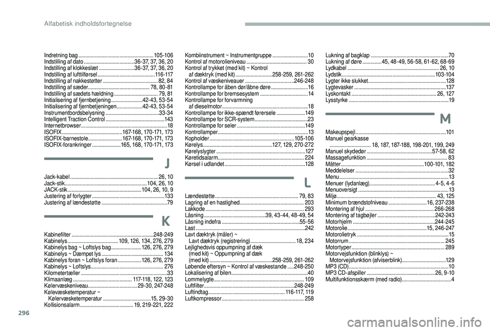 CITROEN JUMPER SPACETOURER 2018 InstruktionsbØger (in Danish) 296
Kombiinstrument ~ Instrumentgruppe ..........................10
Kontrol af motorolieniveau ............................................ 30
K
ontrol af trykket (med kit) ~ Kontrol af dæktryk (med CITROEN JUMPER SPACETOURER 2018 InstruktionsbØger (in Danish) 296
Kombiinstrument ~ Instrumentgruppe ..........................10
Kontrol af motorolieniveau ............................................ 30
K
ontrol af trykket (med kit) ~ Kontrol af dæktryk (med
