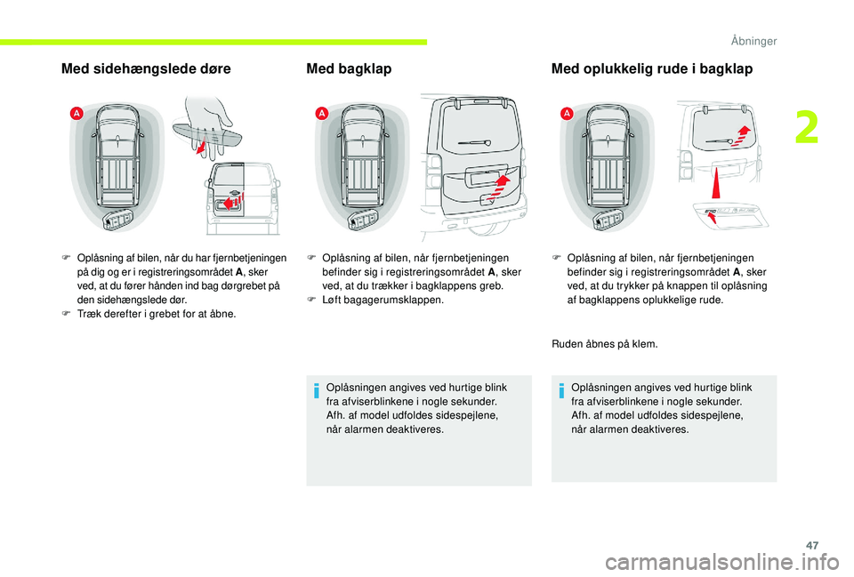 CITROEN JUMPER SPACETOURER 2018  InstruktionsbØger (in Danish) 47
Med sidehængslede døreMed bagklap
Oplåsningen angives ved hurtige blink 
fra 
afviserblinkene i nogle sekunder.
Afh. af model udfoldes sidespejlene, 
når
 

alarmen deaktiveres.
F
 O

plåsning