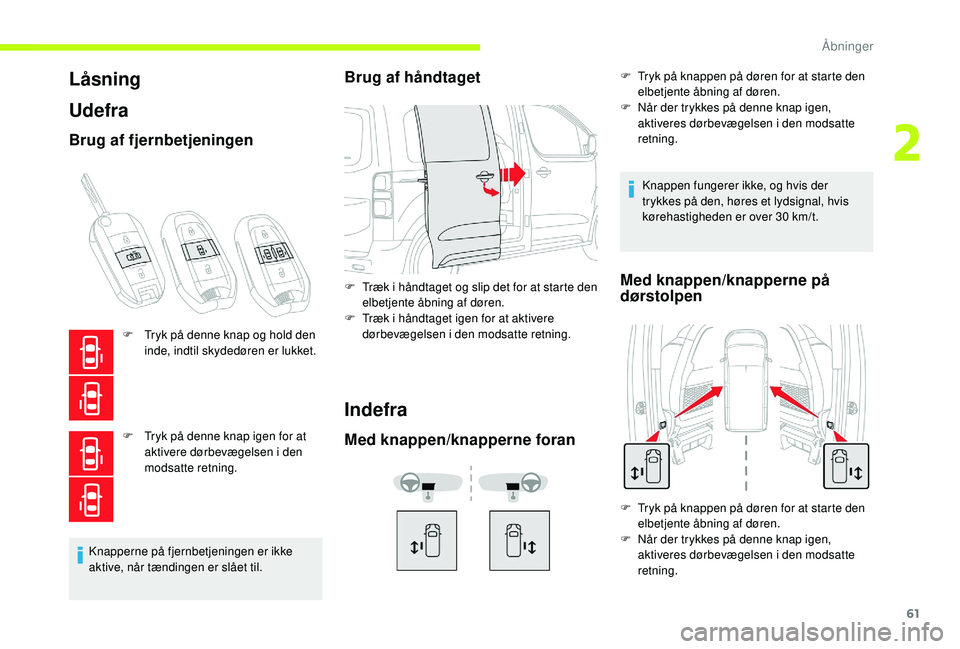 CITROEN JUMPER SPACETOURER 2018 InstruktionsbØger (in Danish) 61
Låsning
Udefra
Brug af fjernbetjeningen
F Tryk på denne knap og hold den inde, indtil skydedøren er lukket.
F
T
ryk på denne knap igen for at
aktivere dørbevægelsen i den
modsatte retnin CITROEN JUMPER SPACETOURER 2018 InstruktionsbØger (in Danish) 61
Låsning
Udefra
Brug af fjernbetjeningen
F Tryk på denne knap og hold den inde, indtil skydedøren er lukket.
F
T
ryk på denne knap igen for at
aktivere dørbevægelsen i den
modsatte retnin