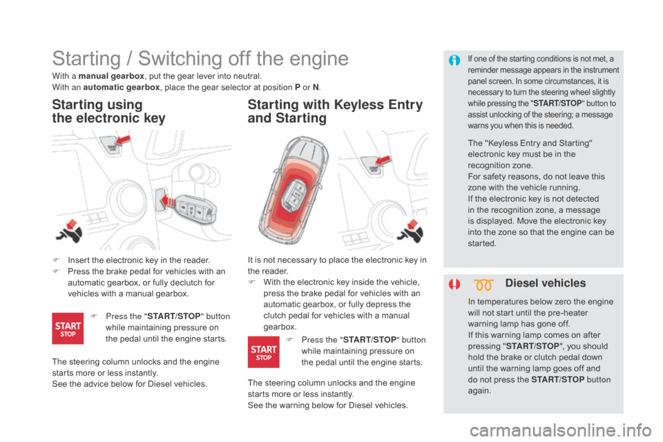 Citroen DS5 RHD 2015.5 1.G User Guide Starting / Switching off the engine
F Insert the electronic key in the reader.
F P ress the brake pedal for vehicles with an 
automatic gearbox, or fully declutch for 
vehicles with a manual gearbox.
