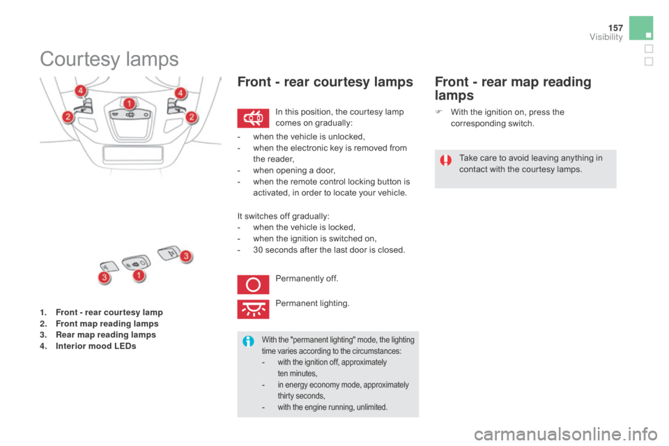 Citroen DS5 RHD 2015.5 1.G Service Manual 157
1. Front - rear cour tesy lamp
2. Front map reading lamp s
3.
 R

ear map reading lamps
4.
 I

nterior mood LE
ds
Courtesy lamps
In this position, the courtesy lamp 
comes on gradually:
Front - re