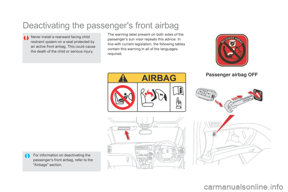 Citroen DS5 RHD 2015.5 1.G Owners Manual Deactivating the passengers front airbag
For information on deactivating the 
passengers front airbag, refer to the 
"Airbags" section.
Passenger airbag OFF
Never install a rear ward facing child 
r