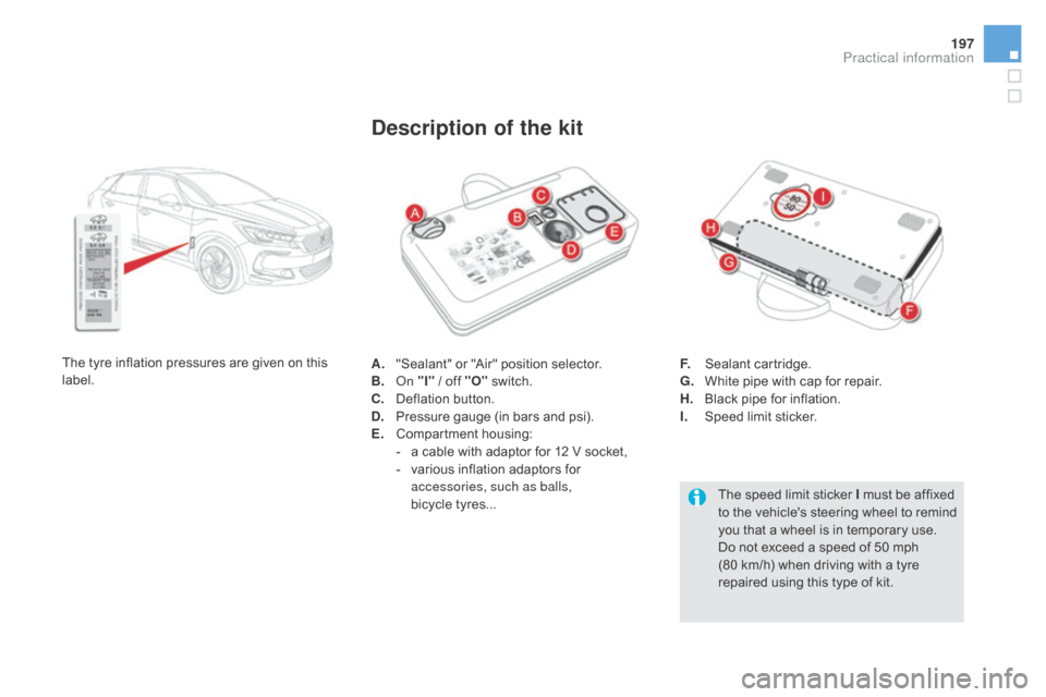 Citroen DS5 RHD 2015.5 1.G Owners Manual 197
A. "Sealant" or "Air" position selector.
B. On "I" / off "O"  switch.
c

.
 D
 eflation button.
d

.
 P
 ressure gauge (in bars and psi).
E.
 C

ompartment housing:
-
 
a c
 able with adaptor for 