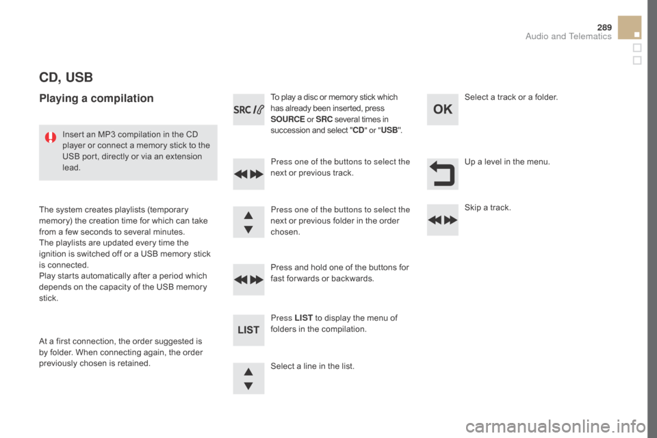 Citroen DS5 RHD 2015.5 1.G Owners Manual 289
cd, USB
Playing a compilation
Press one of the buttons to select the 
next or previous track.
Press LIST to display the menu of 
folders in the compilation. Press and hold one of the buttons for 

