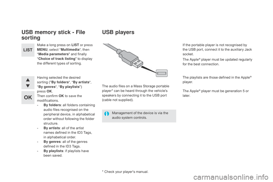 Citroen DS5 RHD 2015.5 1.G Owners Manual USB memory stick - File 
sorting
Make a long press on LIST or press 
MEn U, select " Multimedia ", then 
" Media parameters " and finally 
"
ch

oice of track listing " to display 
the different types