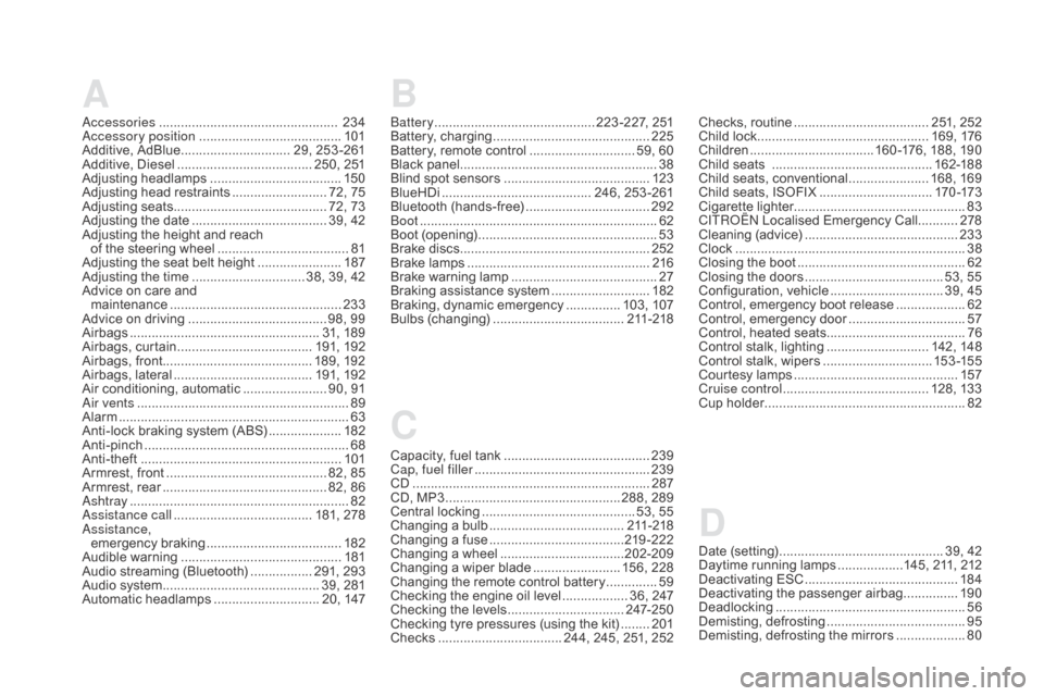 Citroen DS5 RHD 2015.5 1.G Owners Manual A
Accessories .................................................  234
Accessory position ....................................... 10
1
Additive, AdBlue
 .............................. 2

9, 253 -261
Add