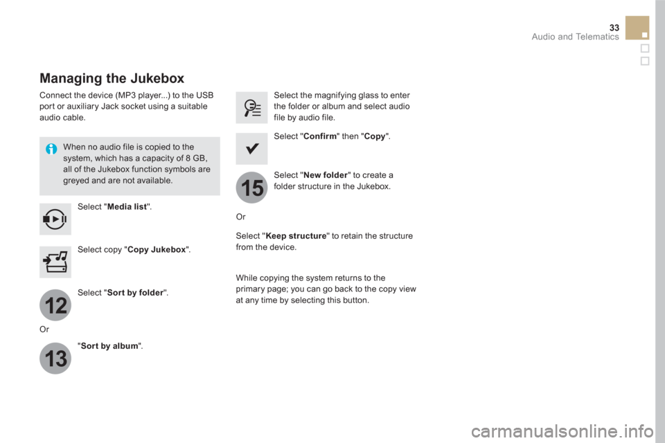 Citroen DS5 RHD 2015.5 1.G Owners Manual 12
13
15
33  Audio and Telematics 
 
 
 
 
 
 
 
 
 
 
Managing the Jukebox 
 
 
Connect the device (MP3 player...) to the USB 
port or auxiliary Jack socket using a suitable 
audio cable.  
   
When 