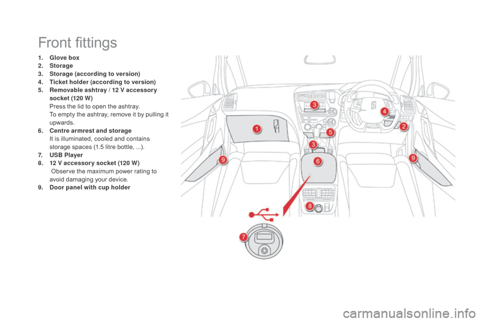 Citroen DS5 RHD 2015.5 1.G Owners Manual Front fittings
1. glove box
2. Sto
rage
3.
Sto
rage (according to version)
4.
T
icket holder (according to version)
5.
R
emovable ashtray / 12 V accessor y
socket (120 W)
P
ress the lid to o Citroen DS5 RHD 2015.5 1.G Owners Manual Front fittings
1. glove box
2. Sto
rage
3.
Sto
rage (according to version)
4.
T
icket holder (according to version)
5.
R
emovable ashtray / 12 V accessor y
socket (120 W)
P
ress the lid to o