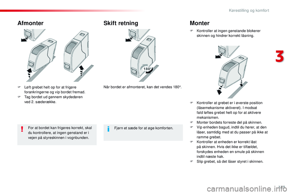 CITROEN JUMPER SPACETOURER 2017 InstruktionsbØger (in Danish) 123
Spacetourer-VP_da_Chap03_ergonomie-et-confort_ed01-2016
F Løft grebet helt op for at frigøre forankringerne og vip bordet fremad.
F
T
ag bordet ud gennem skydedøren
ved 2. sæderække.
Afm CITROEN JUMPER SPACETOURER 2017 InstruktionsbØger (in Danish) 123
Spacetourer-VP_da_Chap03_ergonomie-et-confort_ed01-2016
F Løft grebet helt op for at frigøre forankringerne og vip bordet fremad.
F
T
ag bordet ud gennem skydedøren
ved 2. sæderække.
Afm