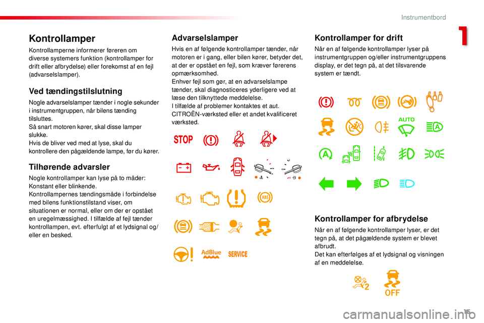 CITROEN JUMPER SPACETOURER 2017  InstruktionsbØger (in Danish) 15
Spacetourer-VP_da_Chap01_instruments-de-bord_ed01-2016
Kontrollamper
Kontrollamperne informerer føreren om 
diverse systemers funktion (kontrollamper for 
drift eller afbrydelse) eller forekomst a