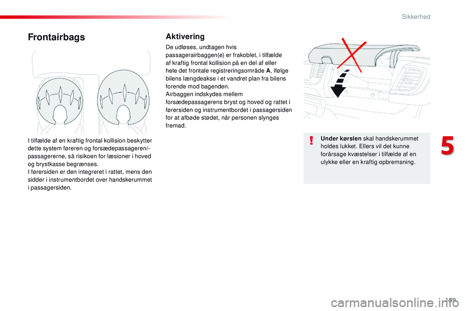 CITROEN JUMPER SPACETOURER 2017 InstruktionsbØger (in Danish) 169
Spacetourer-VP_da_Chap05_securite_ed01-2016
FrontairbagsAktivering
De udløses, undtagen hvis
passagerairbaggen(e) er frakoblet, i tilfælde
af kraftig frontal kollision på en del af eller
hel CITROEN JUMPER SPACETOURER 2017 InstruktionsbØger (in Danish) 169
Spacetourer-VP_da_Chap05_securite_ed01-2016
FrontairbagsAktivering
De udløses, undtagen hvis
passagerairbaggen(e) er frakoblet, i tilfælde
af kraftig frontal kollision på en del af eller
hel