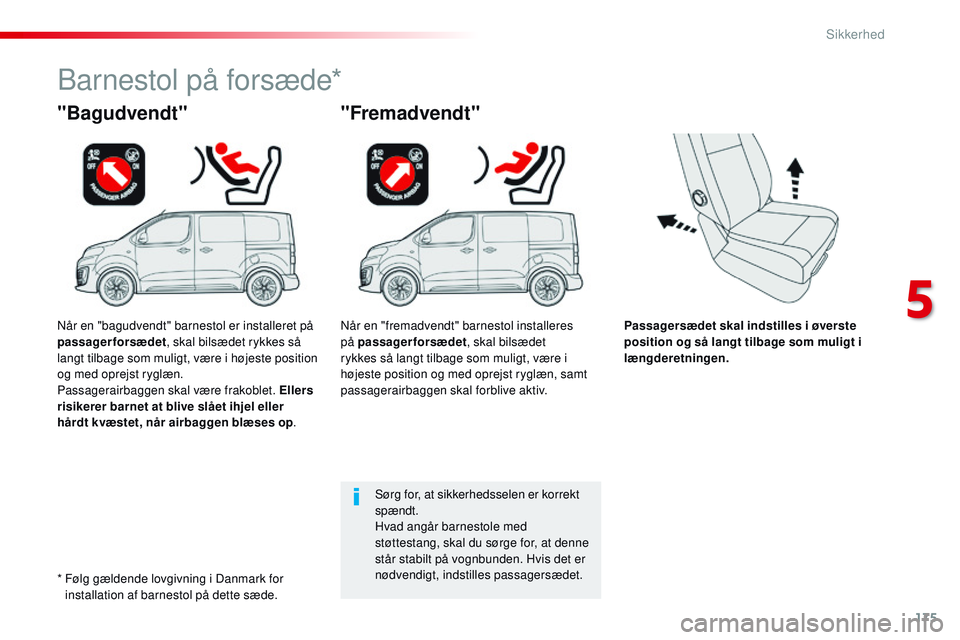 CITROEN JUMPER SPACETOURER 2017 InstruktionsbØger (in Danish) 175
Spacetourer-VP_da_Chap05_securite_ed01-2016
Passagersædet skal indstilles i øverste
position og så langt tilbage som muligt i
længderetningen.
"Bagudvendt"
Barnestol på forsæde*
CITROEN JUMPER SPACETOURER 2017 InstruktionsbØger (in Danish) 175
Spacetourer-VP_da_Chap05_securite_ed01-2016
Passagersædet skal indstilles i øverste
position og så langt tilbage som muligt i
længderetningen.
"Bagudvendt"
Barnestol på forsæde*
