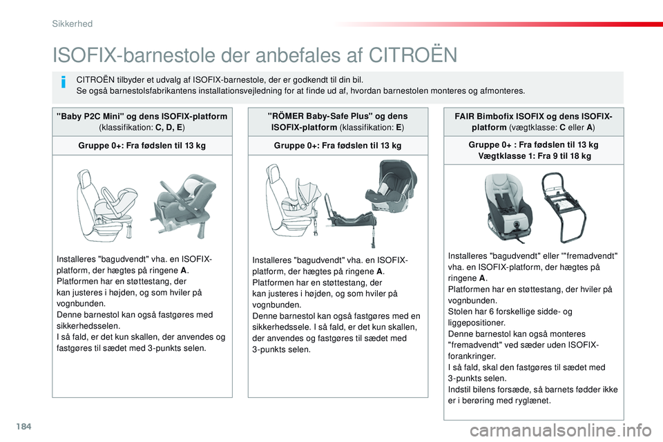 CITROEN JUMPER SPACETOURER 2017  InstruktionsbØger (in Danish) 184
Spacetourer-VP_da_Chap05_securite_ed01-2016
ISOFIX-barnestole der anbefales af CITROËN
CITROËN tilbyder et udvalg af ISOFIX-barnestole, der er godkendt til din bil.
Se også barnestolsfabrikante