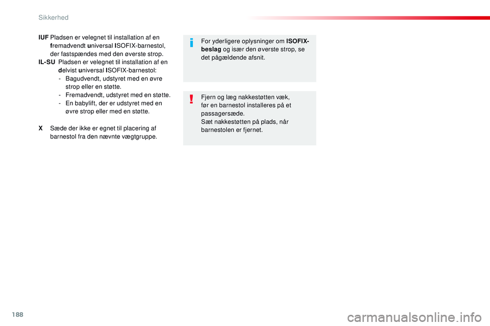 CITROEN JUMPER SPACETOURER 2017 InstruktionsbØger (in Danish) 188
Spacetourer-VP_da_Chap05_securite_ed01-2016
IUF Pladsen er velegnet til installation af en fremadvendt u niversal ISOFIX-barnestol,
der fastspændes med den øverste strop.
IL- SU
P
ladsen er CITROEN JUMPER SPACETOURER 2017 InstruktionsbØger (in Danish) 188
Spacetourer-VP_da_Chap05_securite_ed01-2016
IUF Pladsen er velegnet til installation af en fremadvendt u niversal ISOFIX-barnestol,
der fastspændes med den øverste strop.
IL- SU
P
ladsen er