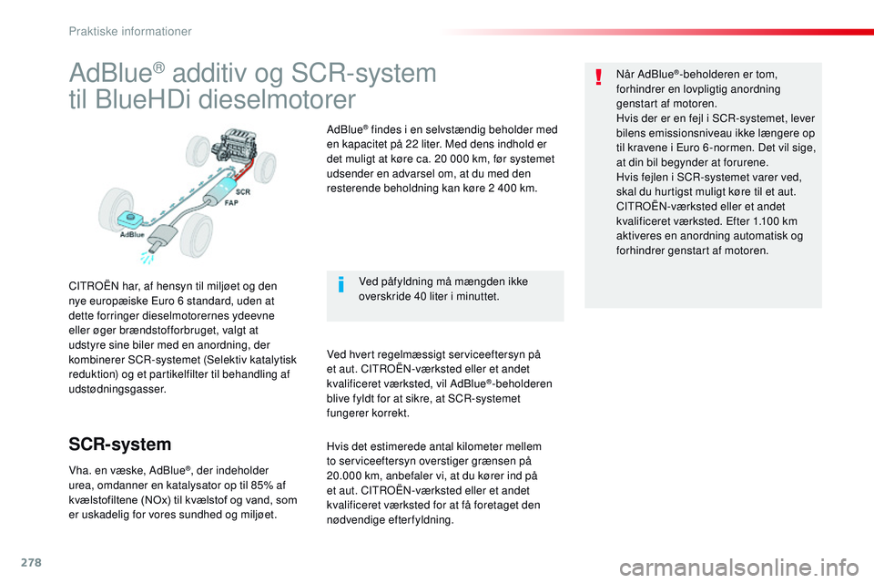 CITROEN JUMPER SPACETOURER 2017 InstruktionsbØger (in Danish) 278
Spacetourer-VP_da_Chap07_info-pratiques_ed01-2016
AdBlue® additiv og SCR-system
til BlueHDi dieselmotorer
CITROËN har, af hensyn til miljøet og den
nye europæiske Euro 6 standard, uden at
de CITROEN JUMPER SPACETOURER 2017 InstruktionsbØger (in Danish) 278
Spacetourer-VP_da_Chap07_info-pratiques_ed01-2016
AdBlue® additiv og SCR-system
til BlueHDi dieselmotorer
CITROËN har, af hensyn til miljøet og den
nye europæiske Euro 6 standard, uden at
de
