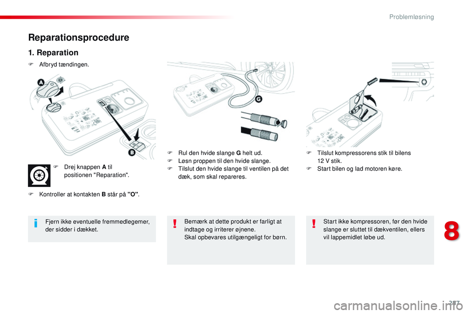 CITROEN JUMPER SPACETOURER 2017 InstruktionsbØger (in Danish) 287
Spacetourer-VP_da_Chap08_En-cas-de-panne_ed01-2016
Reparationsprocedure
1. Reparation
F Rul den hvide slange G helt ud.
F L øsn proppen til den hvide slange.
F
T
ilslut den hvide slange til ve CITROEN JUMPER SPACETOURER 2017 InstruktionsbØger (in Danish) 287
Spacetourer-VP_da_Chap08_En-cas-de-panne_ed01-2016
Reparationsprocedure
1. Reparation
F Rul den hvide slange G helt ud.
F L øsn proppen til den hvide slange.
F
T
ilslut den hvide slange til ve