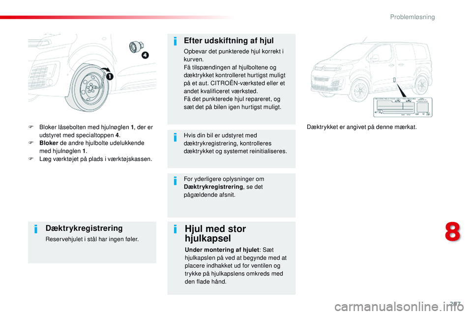 CITROEN JUMPER SPACETOURER 2017 InstruktionsbØger (in Danish) 297
Spacetourer-VP_da_Chap08_En-cas-de-panne_ed01-2016
F Bloker låsebolten med hjulnøglen 1, der er
udstyret med specialtoppen 4 .
F
B
loker de andre hjulbolte udelukkende
med hjulnøglen 1 .
F CITROEN JUMPER SPACETOURER 2017 InstruktionsbØger (in Danish) 297
Spacetourer-VP_da_Chap08_En-cas-de-panne_ed01-2016
F Bloker låsebolten med hjulnøglen 1, der er
udstyret med specialtoppen 4 .
F
B
loker de andre hjulbolte udelukkende
med hjulnøglen 1 .
F