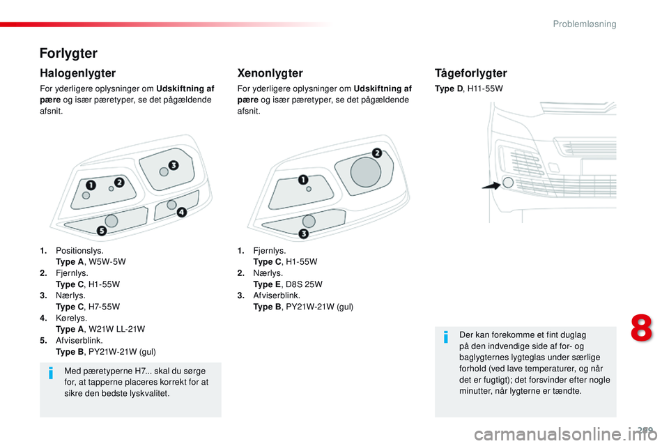 CITROEN JUMPER SPACETOURER 2017 InstruktionsbØger (in Danish) 299
Spacetourer-VP_da_Chap08_En-cas-de-panne_ed01-2016
Forlygter
Xenonlygter
For yderligere oplysninger om Udskiftning af
pære og især pæretyper, se det pågældende
afsnit.
Halogenlygter
For yde CITROEN JUMPER SPACETOURER 2017 InstruktionsbØger (in Danish) 299
Spacetourer-VP_da_Chap08_En-cas-de-panne_ed01-2016
Forlygter
Xenonlygter
For yderligere oplysninger om Udskiftning af
pære og især pæretyper, se det pågældende
afsnit.
Halogenlygter
For yde