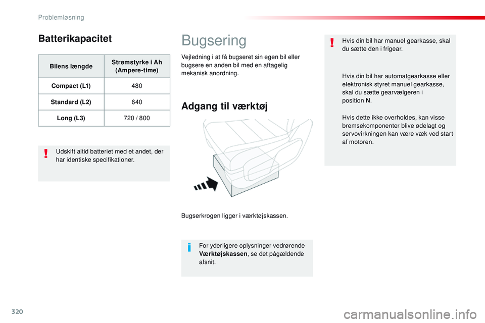 CITROEN JUMPER SPACETOURER 2017  InstruktionsbØger (in Danish) 320
Spacetourer-VP_da_Chap08_En-cas-de-panne_ed01-2016
Batterikapacitet
Bilens længdeStrømstyrke i Ah 
(Ampere-time)
C o m p a c t  ( L1) 480
Standard (L2) 640
Long (L3) 720 / 800
Udskift altid batt