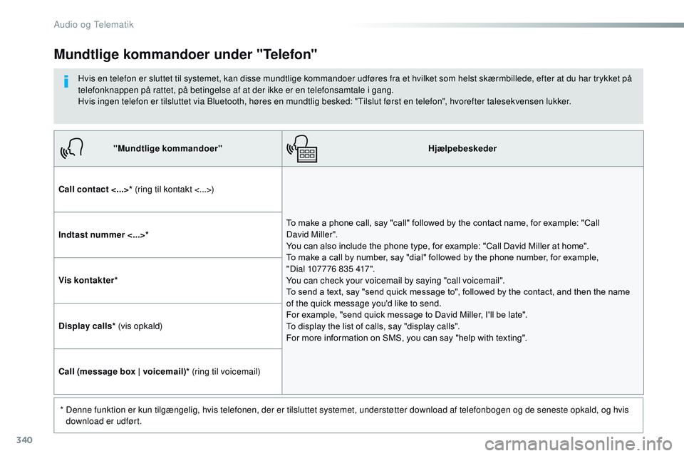 CITROEN JUMPER SPACETOURER 2017  InstruktionsbØger (in Danish) 340
Spacetourer-VP_da_Chap10b_NAC-1_ed01-2016
"Mundtlige kommandoer"Hjælpebeskeder
Call contact <...>*  (ring til kontakt <...>)
To make a phone call, say "call" followed by the conta