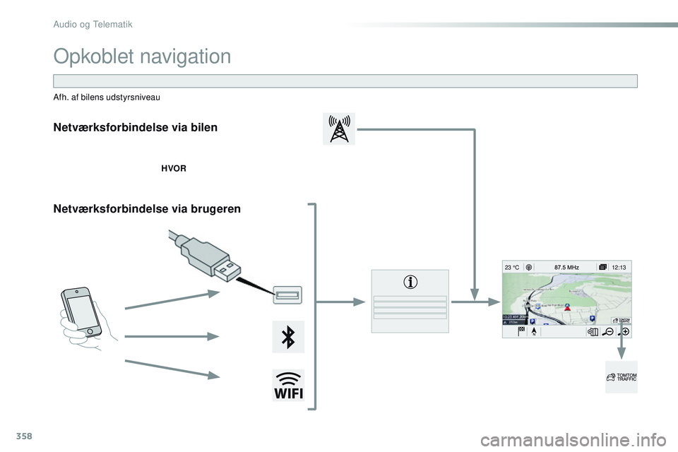 CITROEN JUMPER SPACETOURER 2017  InstruktionsbØger (in Danish) 358
12:13
23 °C
Spacetourer-VP_da_Chap10b_NAC-1_ed01-2016
Opkoblet navigation
Netværksforbindelse via bilen
HVOR
Netværksforbindelse via brugeren
Afh. af bilens udstyrsniveau 
Audio og Telematik  
