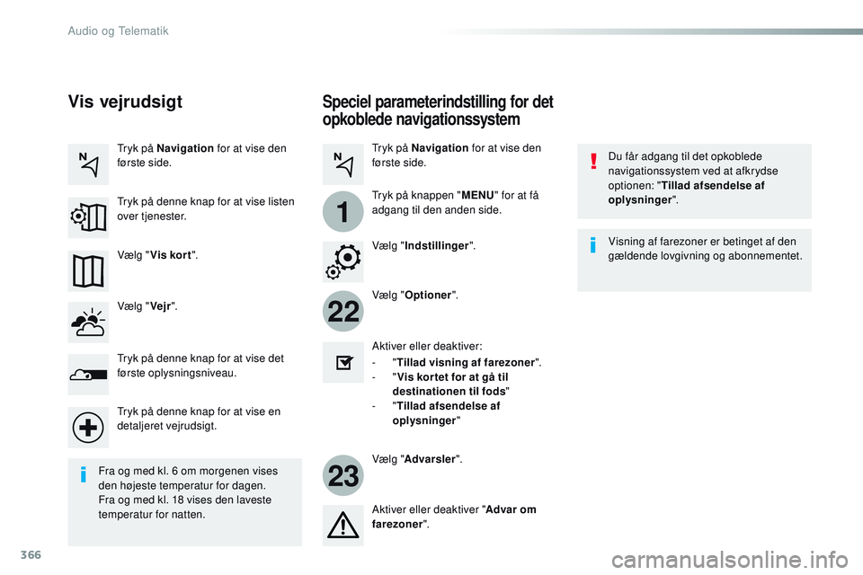 CITROEN JUMPER SPACETOURER 2017 InstruktionsbØger (in Danish) 366
22
23
1
Spacetourer-VP_da_Chap10b_NAC-1_ed01-2016
Speciel parameterindstilling for det
opkoblede navigationssystem
Du får adgang til det opkoblede
navigationssystem ved at afkrydse
optionen: & CITROEN JUMPER SPACETOURER 2017 InstruktionsbØger (in Danish) 366
22
23
1
Spacetourer-VP_da_Chap10b_NAC-1_ed01-2016
Speciel parameterindstilling for det
opkoblede navigationssystem
Du får adgang til det opkoblede
navigationssystem ved at afkrydse
optionen: &