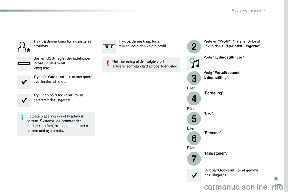 CITROEN JUMPER SPACETOURER 2017  InstruktionsbØger (in Danish) 409
3
2
4
5
6
7
Spacetourer-VP_da_Chap10b_NAC-1_ed01-2016
Vælg en "Profil" (1, 2 eller 3) for at 
knytte den til " Lydindstillingerne ".
Vælg " Lydindstillinger ".
Vælg "