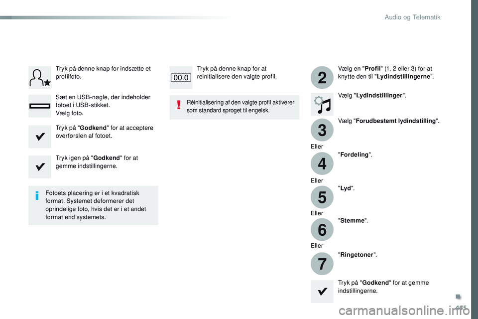CITROEN JUMPER SPACETOURER 2017 InstruktionsbØger (in Danish) 465
3
2
4
5
6
7
Spacetourer-VP_da_Chap10c_RCC-1_ed01-2016
Vælg en "Profil" (1, 2 eller 3) for at
knytte den til " Lydindstillingerne ".
Vælg " Lydindstillinger ".
Vælg " CITROEN JUMPER SPACETOURER 2017 InstruktionsbØger (in Danish) 465
3
2
4
5
6
7
Spacetourer-VP_da_Chap10c_RCC-1_ed01-2016
Vælg en "Profil" (1, 2 eller 3) for at
knytte den til " Lydindstillingerne ".
Vælg " Lydindstillinger ".
Vælg "