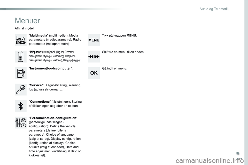 CITROEN JUMPER SPACETOURER 2017  InstruktionsbØger (in Danish) 477
Spacetourer-VP_da_Chap10d_RD6_ed01-2016
Menuer
"Multimedia " (multimedier): Media 
parameters (medieparametre), Radio 
parameters (radioparametre).
Afh. af model.
Skift fra en menu til en 