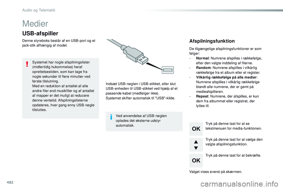 CITROEN JUMPER SPACETOURER 2017  InstruktionsbØger (in Danish) 482
Medier
USB-afspiller
Denne styreboks består af en USB-port og et 
jack-stik afhængig af model.Indsæt USB-nøglen i USB-stikket, eller slut 
USB-enheden til USB-stikket ved hjælp af et 
passend