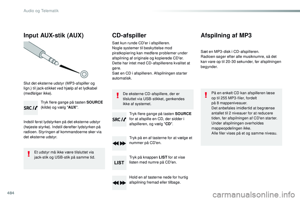 CITROEN JUMPER SPACETOURER 2017 InstruktionsbØger (in Danish) 484
Input AUX- stik (AUX)
Slut det eksterne udstyr (MP3 -afspiller og
lign.) til jack-stikket ved hjælp af et lydkabel
(medfølger ikke).Tryk flere gange på tasten SOURCE
(kilde) og vælg " CITROEN JUMPER SPACETOURER 2017 InstruktionsbØger (in Danish) 484
Input AUX- stik (AUX)
Slut det eksterne udstyr (MP3 -afspiller og
lign.) til jack-stikket ved hjælp af et lydkabel
(medfølger ikke).Tryk flere gange på tasten SOURCE
(kilde) og vælg "