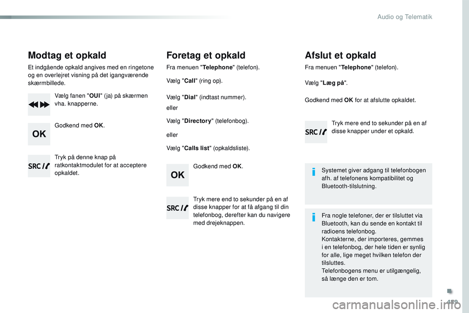 CITROEN JUMPER SPACETOURER 2017 InstruktionsbØger (in Danish) 489
Spacetourer-VP_da_Chap10d_RD6_ed01-2016
Modtag et opkald
Et indgående opkald angives med en ringetone
og en overlejret visning på det igangværende
skærmbillede.Vælg fanen " OUI" ( j CITROEN JUMPER SPACETOURER 2017 InstruktionsbØger (in Danish) 489
Spacetourer-VP_da_Chap10d_RD6_ed01-2016
Modtag et opkald
Et indgående opkald angives med en ringetone
og en overlejret visning på det igangværende
skærmbillede.Vælg fanen " OUI" ( j