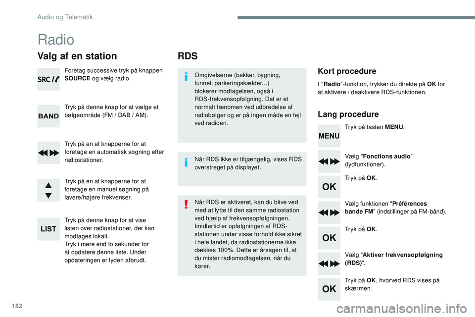 CITROEN JUMPER SPACETOURER 2017 InstruktionsbØger (in Danish) 152
RDS
Kort procedure
Lang procedureOmgivelserne (bakker, bygning,
tunnel, parkeringskælder…)
blokerer modtagelsen, også i
RDS-frekvensopfølgning. Det er et
normalt fænomen ved udbredelse a CITROEN JUMPER SPACETOURER 2017 InstruktionsbØger (in Danish) 152
RDS
Kort procedure
Lang procedureOmgivelserne (bakker, bygning,
tunnel, parkeringskælder…)
blokerer modtagelsen, også i
RDS-frekvensopfølgning. Det er et
normalt fænomen ved udbredelse a