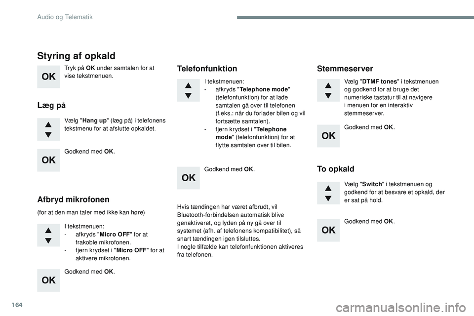 CITROEN JUMPER SPACETOURER 2017 InstruktionsbØger (in Danish) 164
Tryk på OK under samtalen for at
vise tekstmenuen.
Vælg " Hang up " (læg på) i telefonens
tekstmenu for at afslutte opkaldet.
Styring af opkald
Læg på
(for at den man taler med ikk CITROEN JUMPER SPACETOURER 2017 InstruktionsbØger (in Danish) 164
Tryk på OK under samtalen for at
vise tekstmenuen.
Vælg " Hang up " (læg på) i telefonens
tekstmenu for at afslutte opkaldet.
Styring af opkald
Læg på
(for at den man taler med ikk