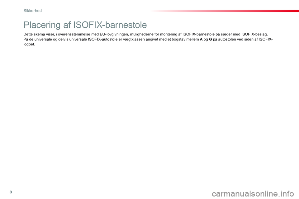 CITROEN JUMPER SPACETOURER 2017 InstruktionsbØger (in Danish) 8
Sikkerhed
Placering af ISOFIX-barnestole
Dette skema viser, i overensstemmelse med EU-lovgivningen, mulighederne for montering af ISOFIX-barn CITROEN JUMPER SPACETOURER 2017 InstruktionsbØger (in Danish) 8
Sikkerhed
Placering af ISOFIX-barnestole
Dette skema viser, i overensstemmelse med EU-lovgivningen, mulighederne for montering af ISOFIX-barn