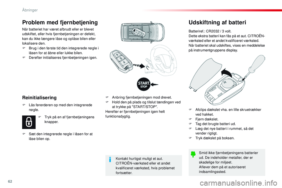 CITROEN JUMPER SPACETOURER 2017 InstruktionsbØger (in Danish) 62
Spacetourer-VP_da_Chap02_ouvertures_ed01-2016
Udskiftning af batteri
Batteriref.: CR2032 / 3 volt.
Dette ekstra batteri kan fås på et aut. CITROËN-
værksted eller et andet kvalificeret værkste CITROEN JUMPER SPACETOURER 2017 InstruktionsbØger (in Danish) 62
Spacetourer-VP_da_Chap02_ouvertures_ed01-2016
Udskiftning af batteri
Batteriref.: CR2032 / 3 volt.
Dette ekstra batteri kan fås på et aut. CITROËN-
værksted eller et andet kvalificeret værkste