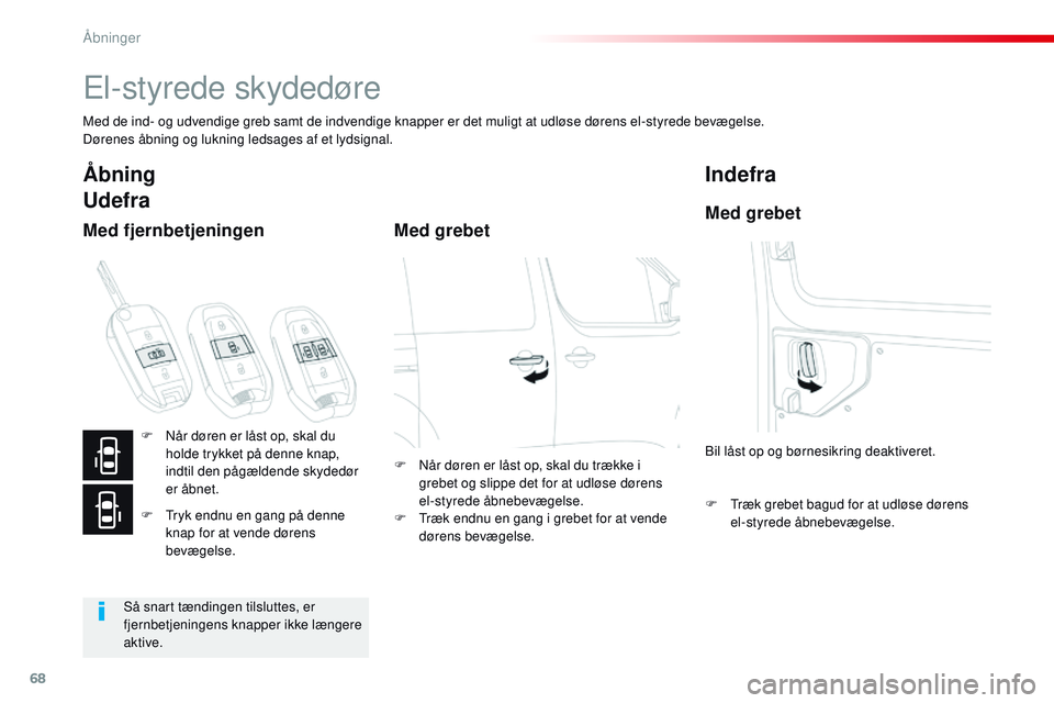 CITROEN JUMPER SPACETOURER 2017 InstruktionsbØger (in Danish) 68
Spacetourer-VP_da_Chap02_ouvertures_ed01-2016
El-styrede skydedøre
Med de ind- og udvendige greb samt de indvendige knapper er det muligt at udløse dørens el-styrede bevægelse.
Dørenes åbning CITROEN JUMPER SPACETOURER 2017 InstruktionsbØger (in Danish) 68
Spacetourer-VP_da_Chap02_ouvertures_ed01-2016
El-styrede skydedøre
Med de ind- og udvendige greb samt de indvendige knapper er det muligt at udløse dørens el-styrede bevægelse.
Dørenes åbning