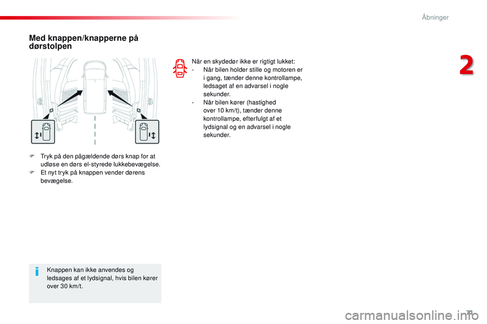 CITROEN JUMPER SPACETOURER 2017 InstruktionsbØger (in Danish) 71
Spacetourer-VP_da_Chap02_ouvertures_ed01-2016
F Tryk på den pågældende dørs knap for at udløse en dørs el-styrede lukkebevægelse.
F
E
t nyt tryk på knappen vender dørens
bevægelse.
Me CITROEN JUMPER SPACETOURER 2017 InstruktionsbØger (in Danish) 71
Spacetourer-VP_da_Chap02_ouvertures_ed01-2016
F Tryk på den pågældende dørs knap for at udløse en dørs el-styrede lukkebevægelse.
F
E
t nyt tryk på knappen vender dørens
bevægelse.
Me