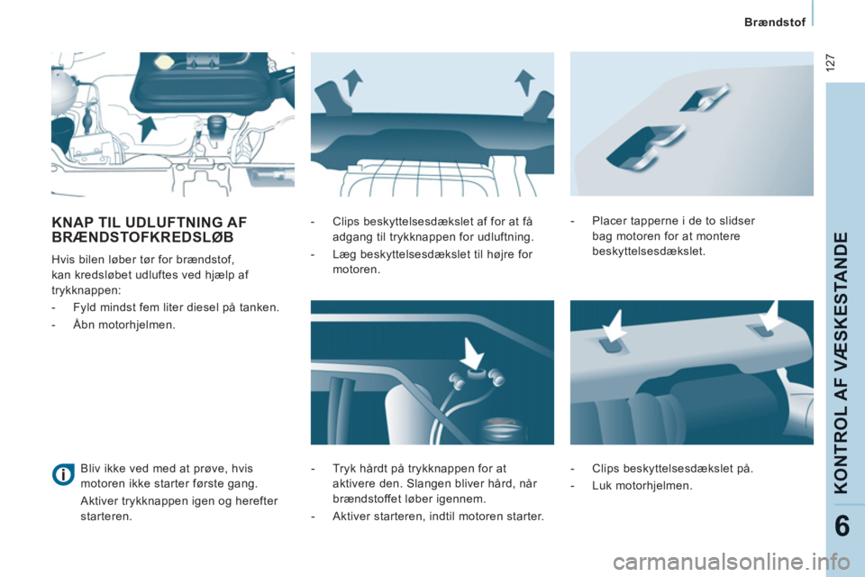 CITROEN JUMPER MULTISPACE 2013 InstruktionsbØger (in Danish) 127
Brændstof
KONTROL AF VÆ
SKE
STANDE
6
KNAP TIL UDLUFTNING AF
BRÆNDSTOFKREDSLØB
Hvis bilen løber tør for brændstof,
kan kredsløbet udluftes ved hjælp af
trykknappen:
- F CITROEN JUMPER MULTISPACE 2013 InstruktionsbØger (in Danish) 127
Brændstof
KONTROL AF VÆ
SKE
STANDE
6
KNAP TIL UDLUFTNING AF
BRÆNDSTOFKREDSLØB
Hvis bilen løber tør for brændstof,
kan kredsløbet udluftes ved hjælp af
trykknappen:
- F