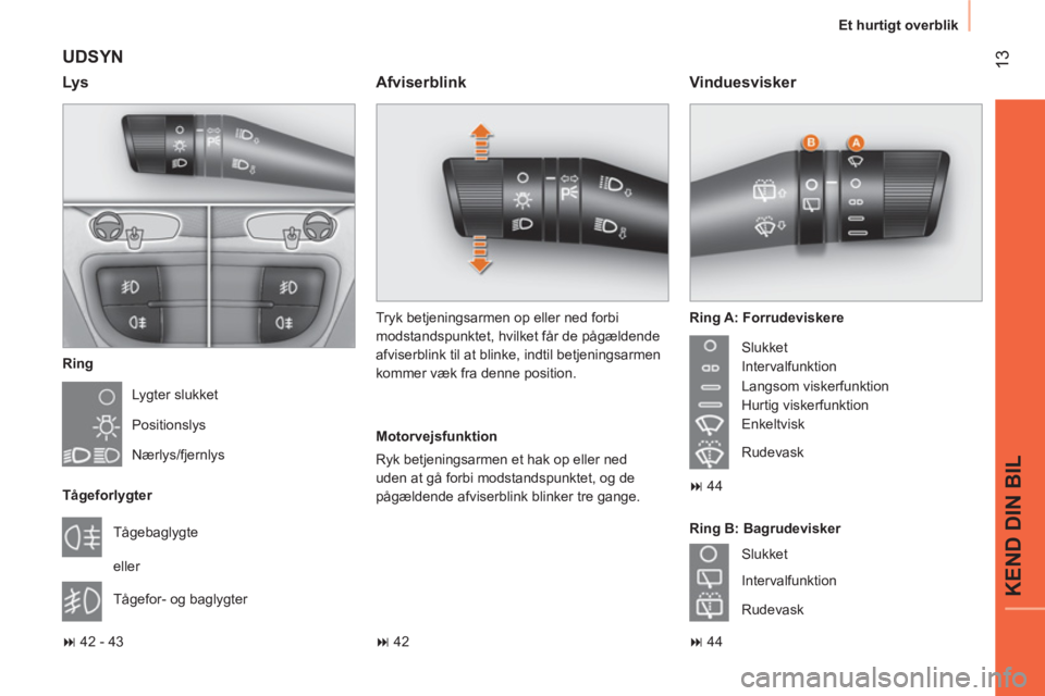 CITROEN NEMO 2014  InstruktionsbØger (in Danish)  13
KEND DIN BIL
 
Et hurtigt overblik 
 
UDSYN 
 
 
Ring 
  Lygter slukket 
  Positionslys 
  Nærlys/fjernlys  
   
Tågeforlygter 
  Tågebaglygte 
  eller 
  Tågefor- og baglygter  
    
Ring B: 