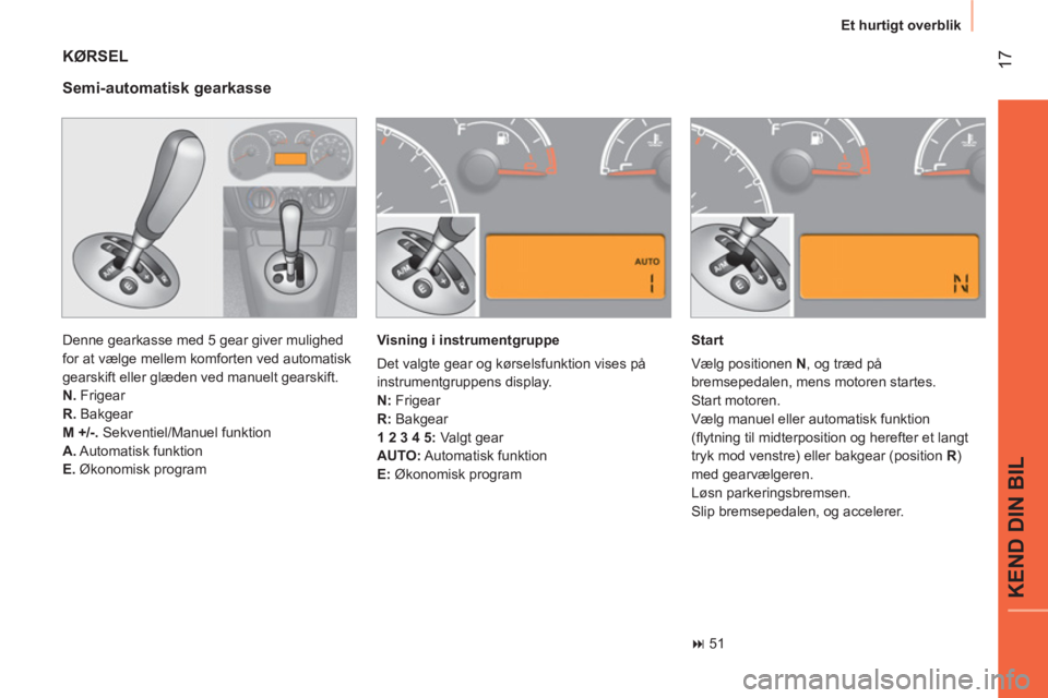 CITROEN NEMO 2014  InstruktionsbØger (in Danish)  17
KEND DIN BIL
 
Et hurtigt overblik 
 
KØRSEL 
 
Denne gearkasse med 5 gear giver mulighed 
for at vælge mellem komforten ved automatisk 
gearskift eller glæden ved manuelt gearskift. 
   
N. 
 