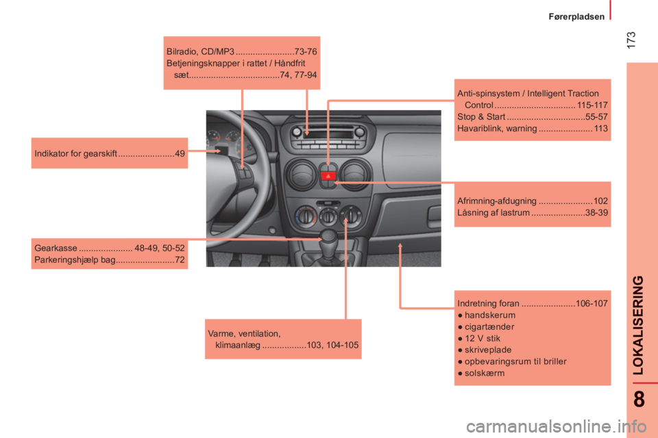 CITROEN NEMO 2013 InstruktionsbØger (in Danish) 17
3
8
LOKALISERIN
G
Førerpladsen
Varme, ventilation,
klimaanlæg ..................103, 104-105
Indretning foran ......................106-107
●
handskerum
●
CITROEN NEMO 2013 InstruktionsbØger (in Danish) 17
3
8
LOKALISERIN
G
Førerpladsen
Varme, ventilation,
klimaanlæg ..................103, 104-105
Indretning foran ......................106-107
●
handskerum
●