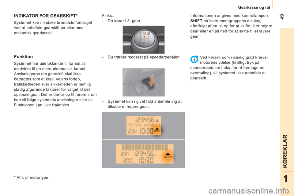 CITROEN NEMO 2013 InstruktionsbØger (in Danish) 49
1
KØ
REKLAR
Gearkasse og rat
INDIKATOR FOR GEARSKIFT *
Systemet kan mindske brændstofforbruget
ved at anbefale gearskift på biler med
mekanisk gearkasse.
Funktion
Systeme CITROEN NEMO 2013 InstruktionsbØger (in Danish) 49
1
KØ
REKLAR
Gearkasse og rat
INDIKATOR FOR GEARSKIFT *
Systemet kan mindske brændstofforbruget
ved at anbefale gearskift på biler med
mekanisk gearkasse.
Funktion
Systeme