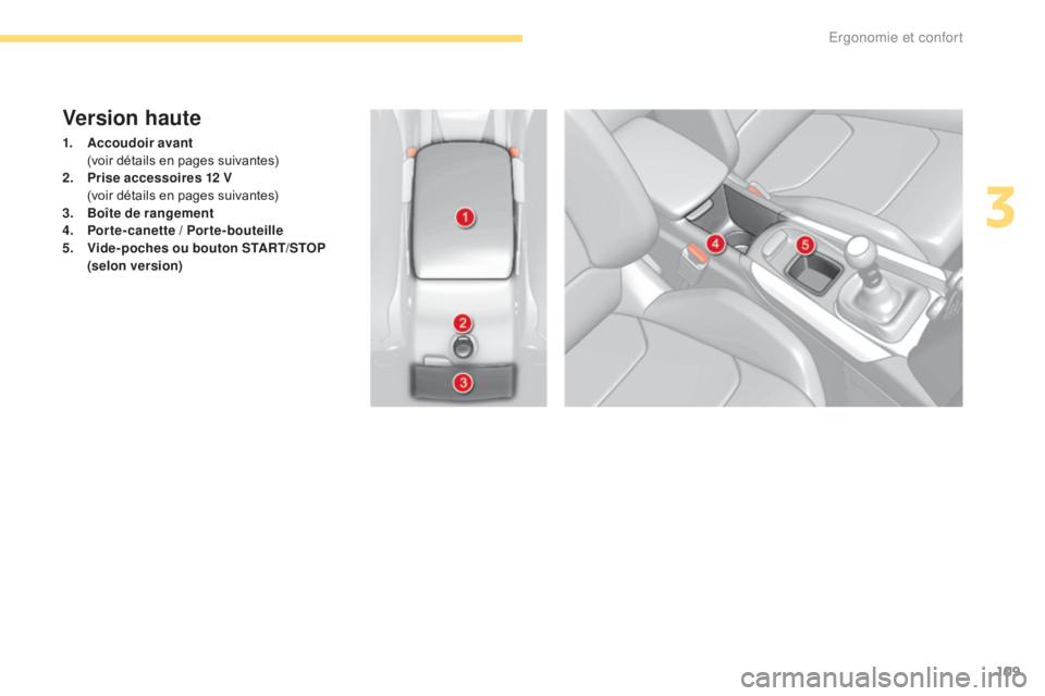 CITROEN C4 2017  Notices Demploi (in French) 109
Version haute
1. Accoudoir avant  (
voir détails en pages suivantes)
2.
 P

rise accessoires 12 V 
 (

voir détails en pages suivantes)
3.
 B

oîte de rangement
4.
 P

orte-canette / Porte-bout