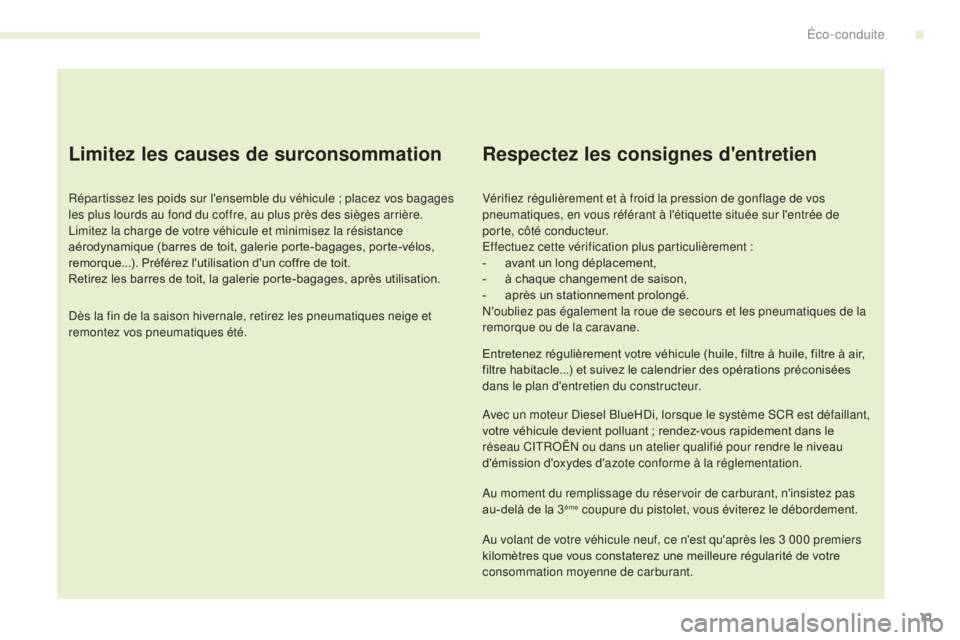 CITROEN C4 2017  Notices Demploi (in French) 11
Limitez les causes de surconsommation
Répartissez les poids sur l'ensemble du véhicule ; placez vos bagages 
les plus lourds au fond du coffre, au plus près des sièges arrière.
Limitez la 