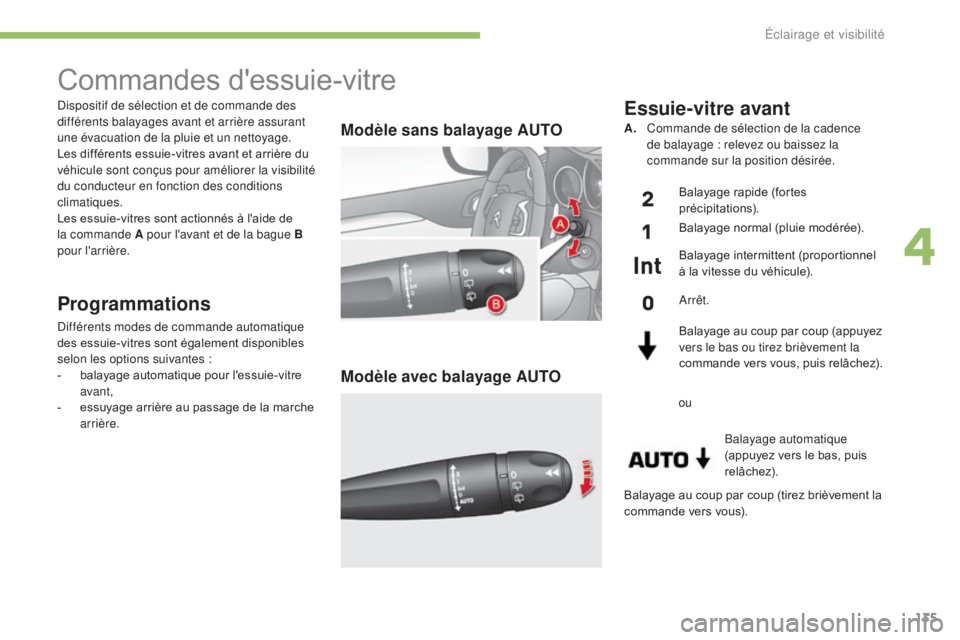 CITROEN C4 2017 Notices Demploi (in French) 135
Dispositif de sélection et de commande des
différents balayages avant et arrière assurant
une évacuation de la pluie et un nettoyage.
Les différents essuie-vitres avant et arrière du
véh CITROEN C4 2017 Notices Demploi (in French) 135
Dispositif de sélection et de commande des
différents balayages avant et arrière assurant
une évacuation de la pluie et un nettoyage.
Les différents essuie-vitres avant et arrière du
véh